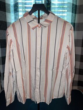 Classic Long-Sleeve Stripe Button-Up Shirt - Cream with Orange & Black Stripes L